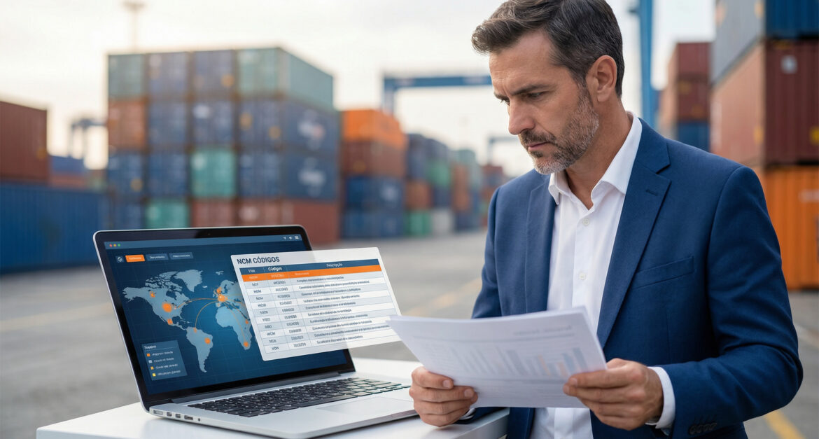 Mercadorias sendo inspecionadas por fiscais com código NCM projetado em tela digital ao fundo, simbolizando a importância da classificação fiscal na importação.
