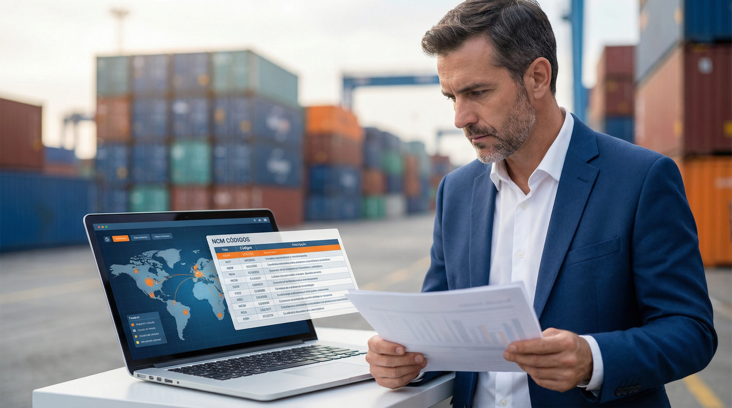Mercadorias sendo inspecionadas por fiscais com código NCM projetado em tela digital ao fundo, simbolizando a importância da classificação fiscal na importação.