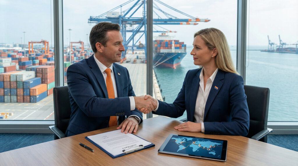 Empresários negociando em frente a contêineres e mapa-múndi, simbolizando o uso estratégico dos Incoterms no comércio internacional